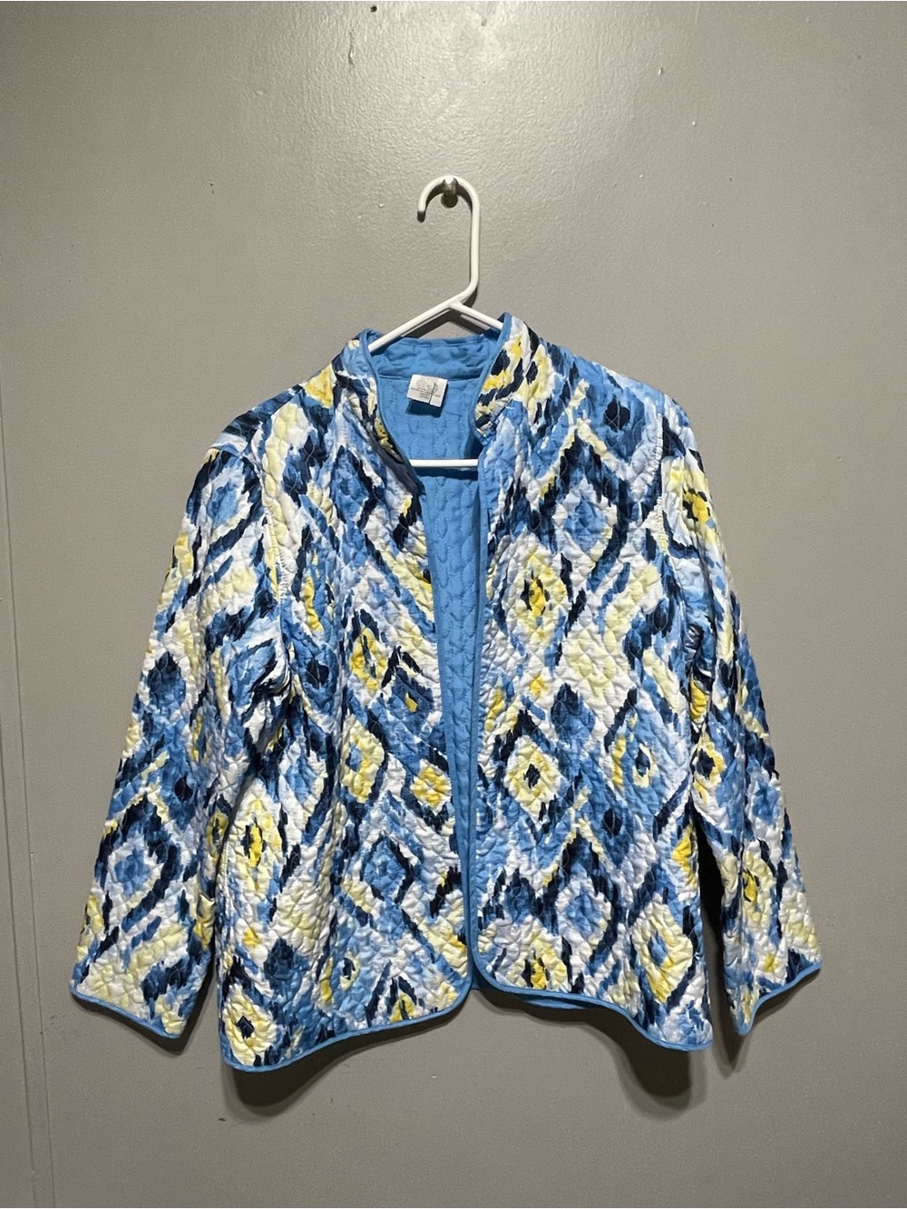 Alfred Dunner Blue, Yellow & White Quilted Open-Front Cardigan